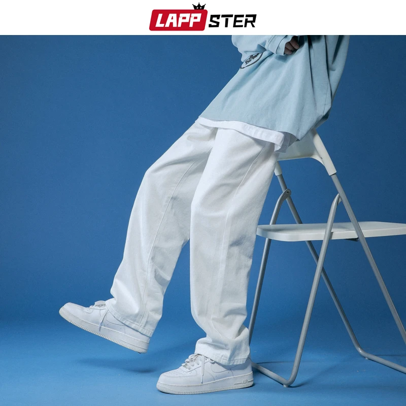 

LAPPSTER Men Y2k Solid White Jeans Pants 2021 Mens Casual Wide Leg Harajuku Denim Trousers Male Japanese Streetwear Loose Jeans