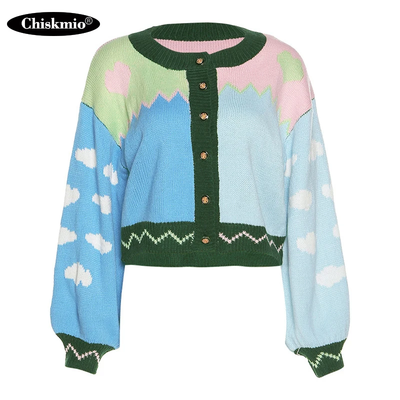 

Sweet O-neck Cardigans Womens Clothing Contrasting Patchwork Single-breasted Knitwear Elastic Cuff Lantern Sleeve Sweater Femme