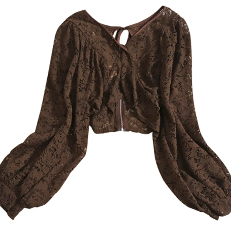 Осень 2021 женская тонкая короткая Прозрачная кружевная рубашка с V-образным