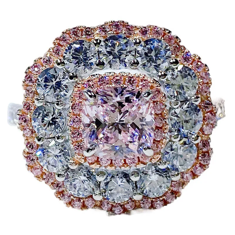 

Color Separation Electroplated Sterling Silver Ornament Ring Women's Light Luxury Gem Decorative Tide Zircon Yellow Diamond Pink