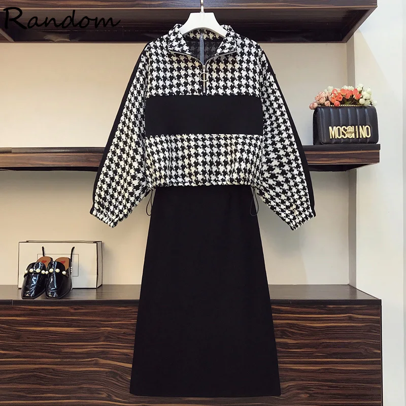 

Plus Size Autumn Winter Elegant Houndstooth Sweatershirt Top And Skirt Two Piece Set For Women Tracksuit Vintage Matching Outfit