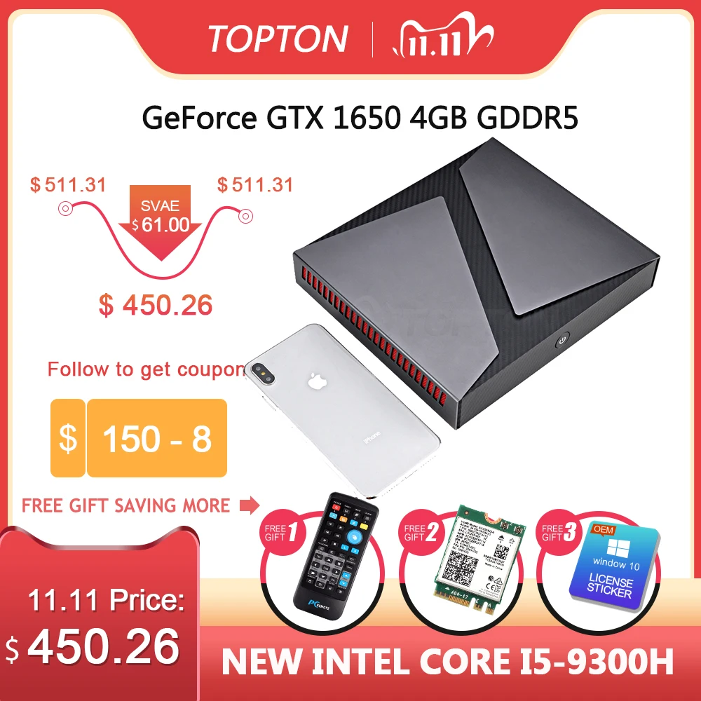 Для игровых мини ПК Intel Core i5 9300H Nvidia GeForce GTX 1650 4GB GDDR5 2 * SODIMM DDR4 Windows 10 Pro настольный