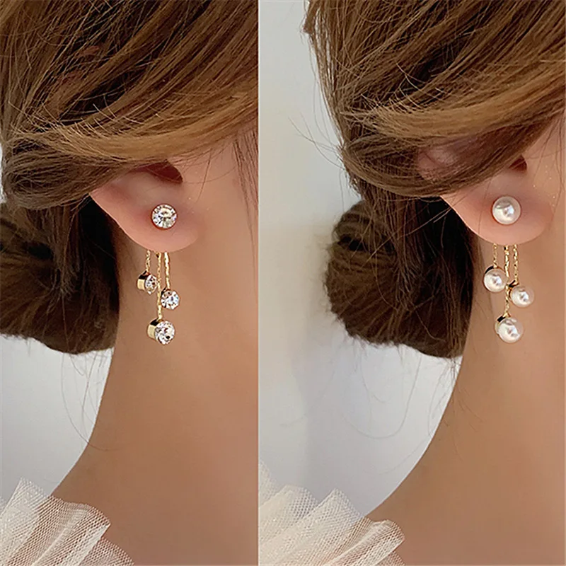 

2021 New Fashion Korea 3 Crystals Drop Earrings For Girl 925 Silver Needle Pearl Earrings Wedding Party Women Jewelry Gift