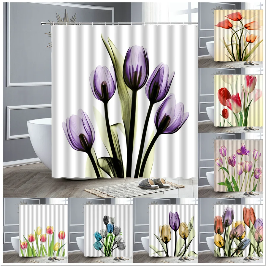 

Flower Shower Curtain Tulip Rose Butterfly Green Plant Floral Printing Bathroom Curtains Fabric Home Wall Decor Bath Screen Set