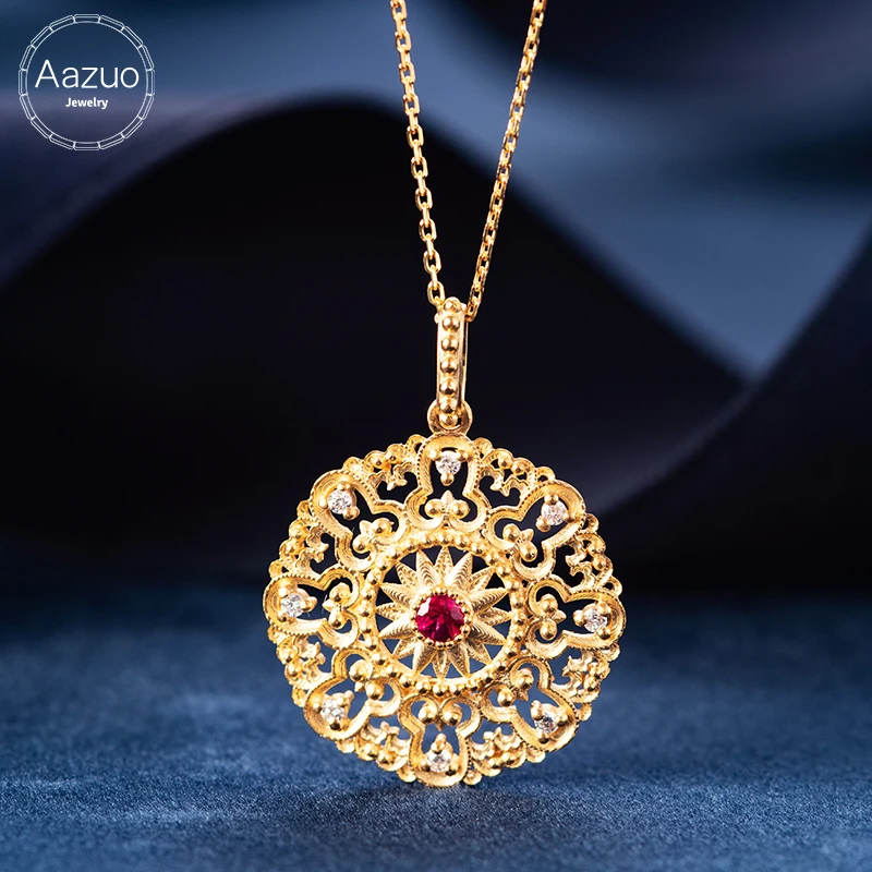 

Aazuo 18K Yellow Gold Natural Ruby Real Diamonds Fashion Vintage Style Pendent Necklace gifted for Women Au750