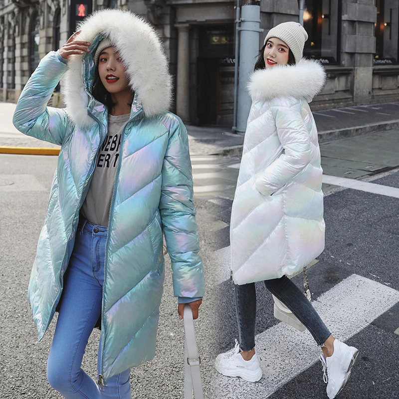 2019 Новый пуховик женский длинный выше колена глянцевый модный свободный большой