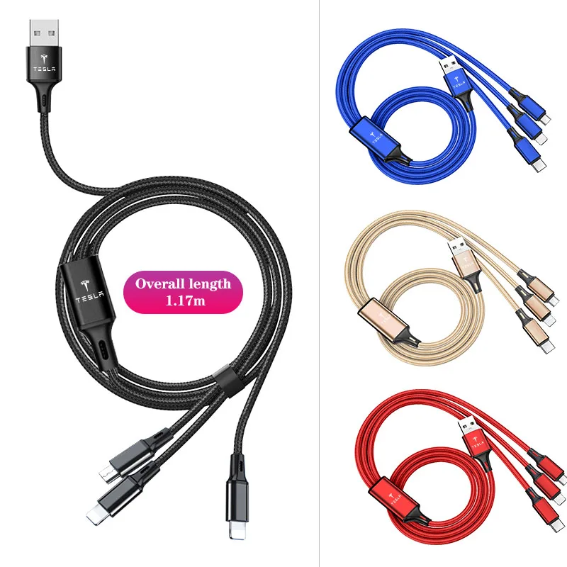 USB-кабель для быстрой зарядки и передачи данных 3 в 1 автомобильные аксессуары Tesla