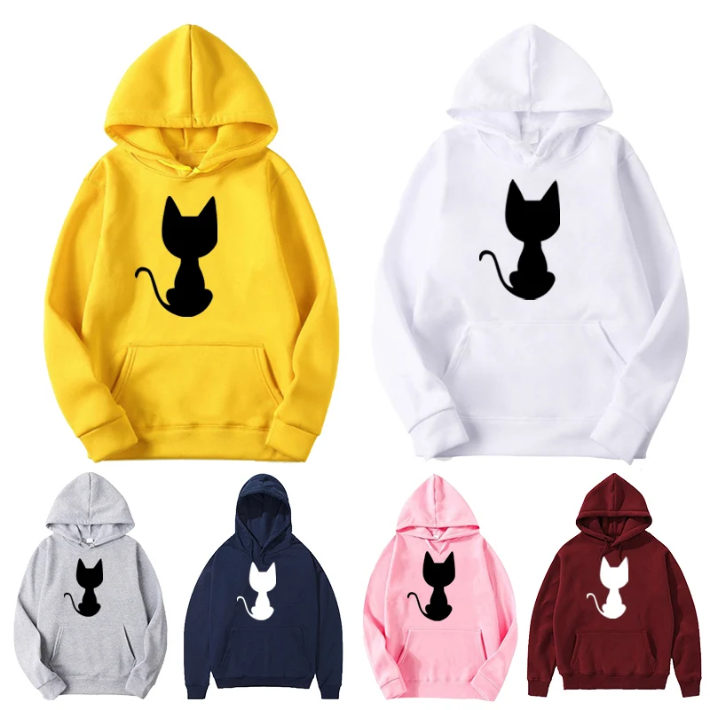 Fashion Women Sweetshirts Hoodie Cute Zipper Cat & Black Cat Print Hooded Tops Harajuku Female Pullover Hoodies