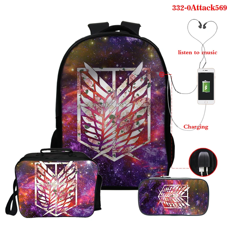 

3 Set/pcs Mochila Attack on Titan Backpack Lunch Bag Student Bookbag Anime Schoolbag Boys Girls Back To School Shoulder Bag Gift