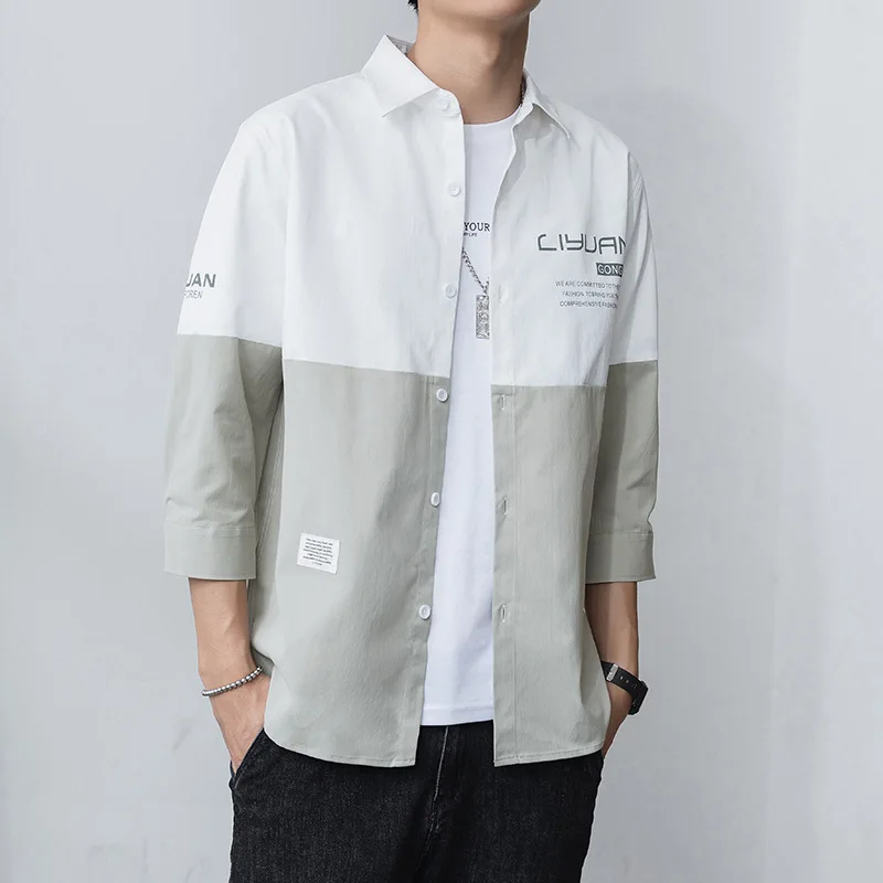 

Men's shirt color matching loose summer thin 7 / 4 Sleeve Shirt ruffian handsome leisure trend middle sleeve jacket