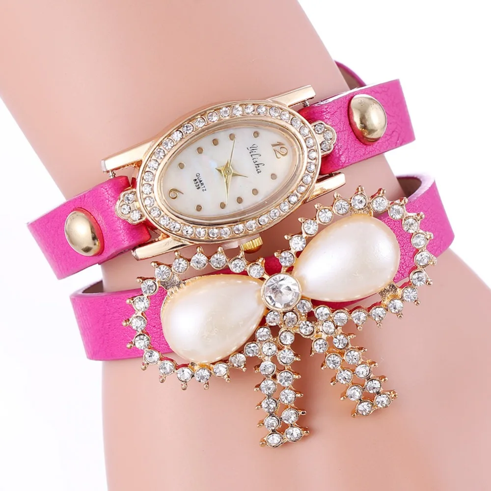 Новинка 2020 модные женские часы со стразами с бантом и опалом кожаным браслетом