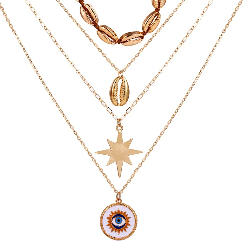 Богемная Женская Золотая ракушка Звезда Луна глаз подвеска многослойное на