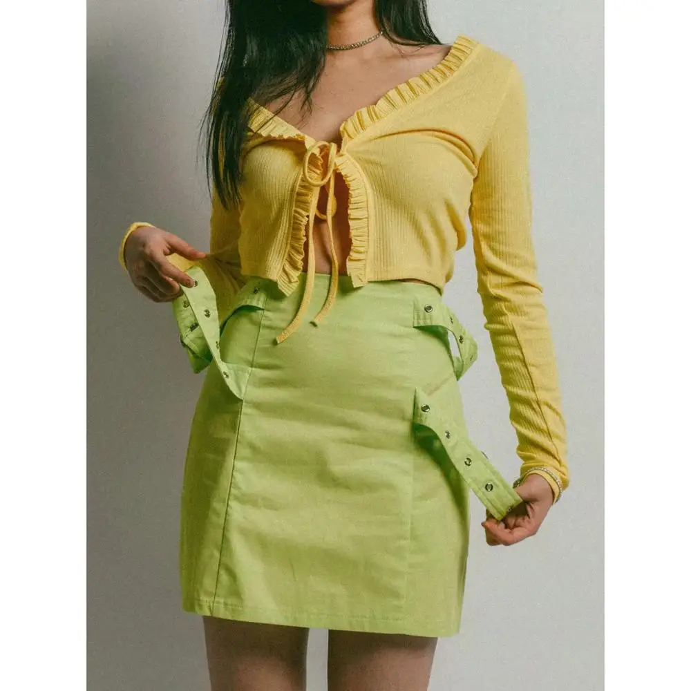 Klacwaya women 2020 fashion lace up ruffles open stitch ladies full sleeve V-neck 100% cotton sweater sexy club style |