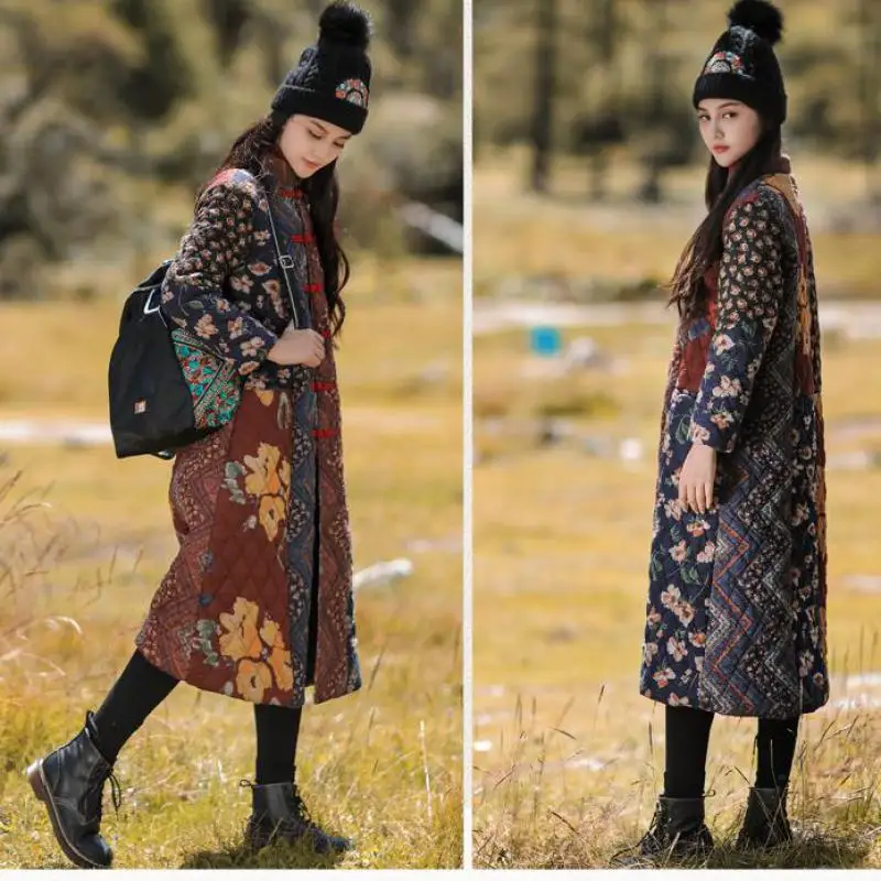 Johnature Winter Patchwork Floral Print Fashion Vintage Thick Cotton Coat New Loose Pockets Single Breasted Female Overcoat