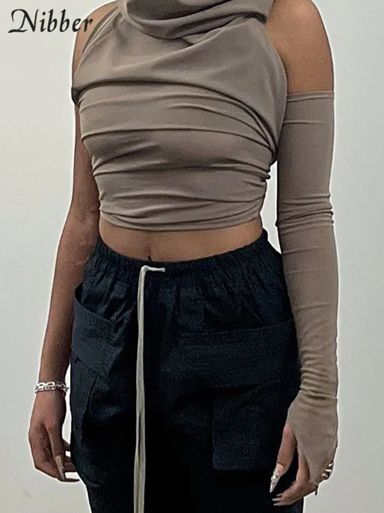 Nibber Весенняя модная однотонная блузка с капюшоном одним рукавом для
