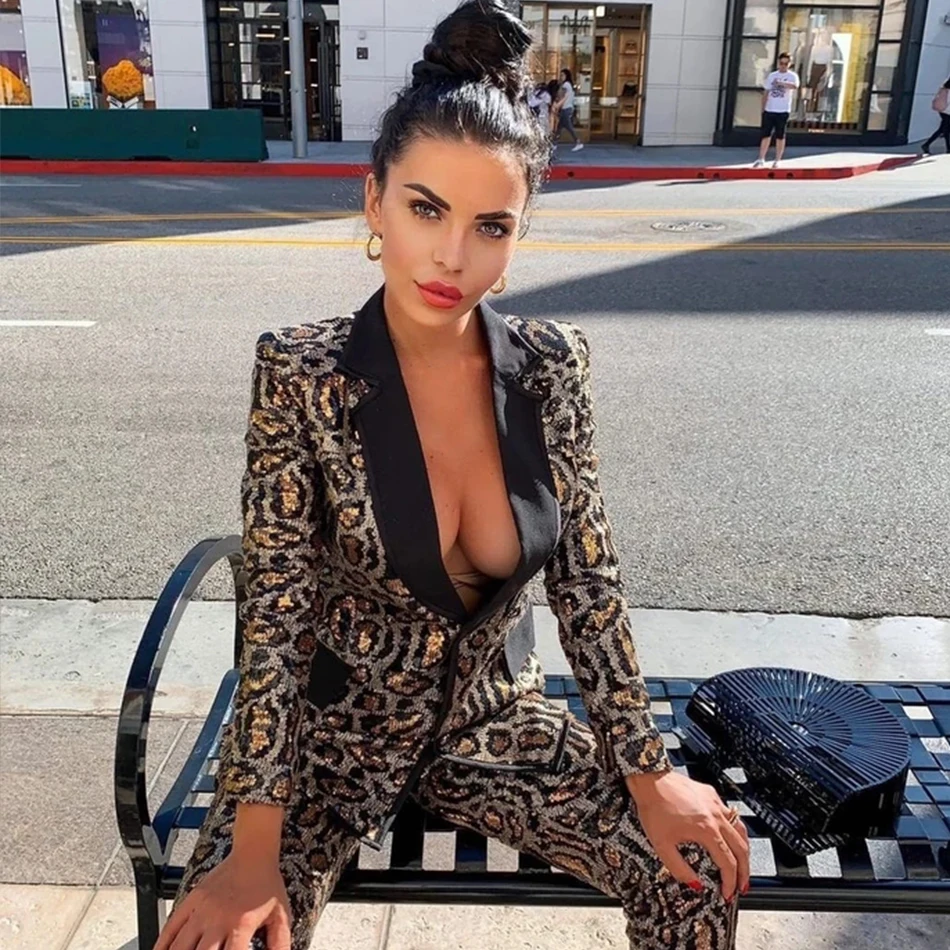 ADYCE 2021 New Autumn Leopard Long Sleeve Sequined Celebrity Evening Party 2 Two Piece Set Sexy V Neck Coat &amp Pant Club | Женская