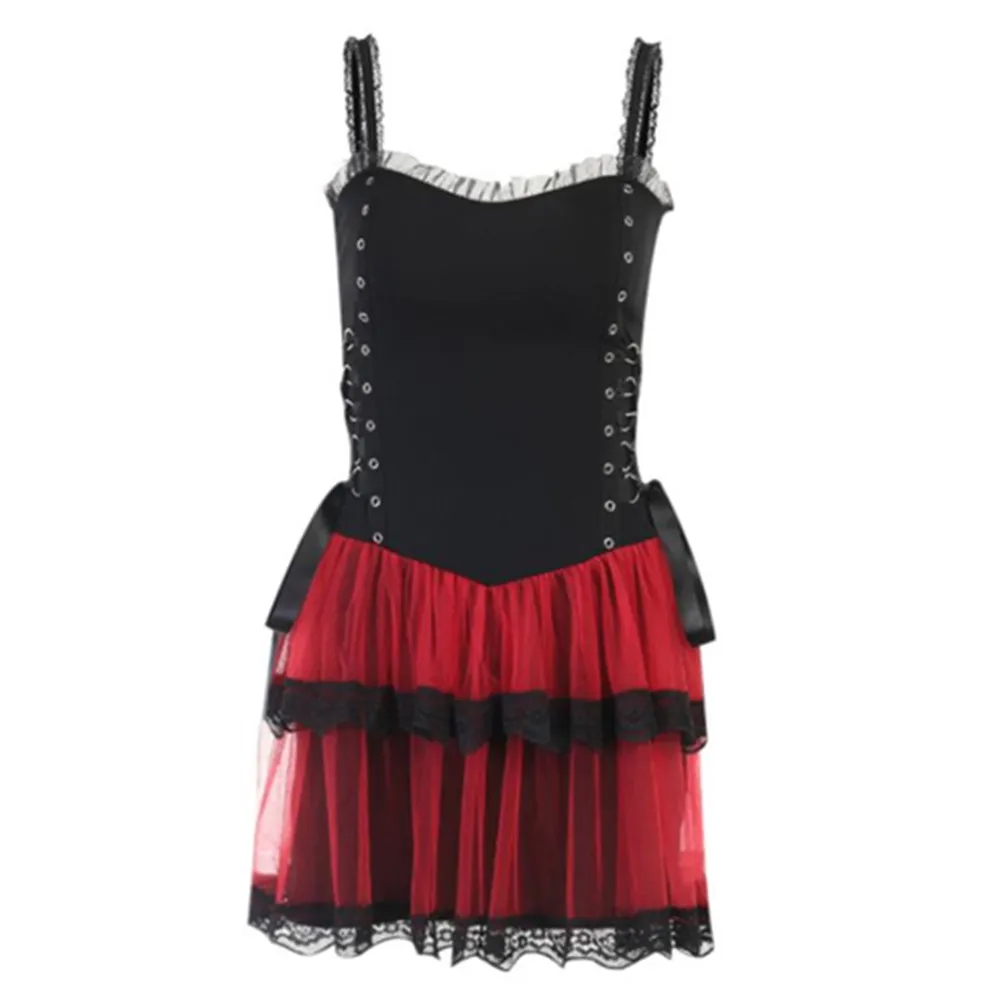 

Spaghetti Strap Gothic Dress Harajuku Red Tulle Summer Dress Women 2022 Vintage Punk High Waist Party Sexy Black Mini Dress
