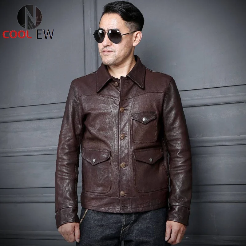 

Мужская Короткая кожаная куртка, темно-коричневая Повседневная приталенная куртка из натуральной овечьей кожи в стиле ретро, большие разме...