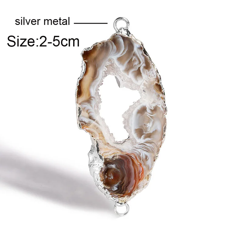 1silver metal 2 Шт Нерегулярные натуральные друзы Агаты бусины Золото Серебро Металл двойное отверстие разъемы из камней правильной геометрической формы подвески для DIY ювелирных изделий - Цвет: 1silver metal