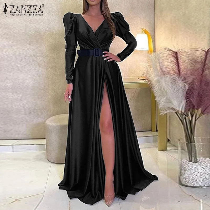 

Платье ZANZEA женское атласное с V-образным вырезом, пикантное элегантное однотонное вечерние французском стиле, длинное вечернее, в пол, осень...