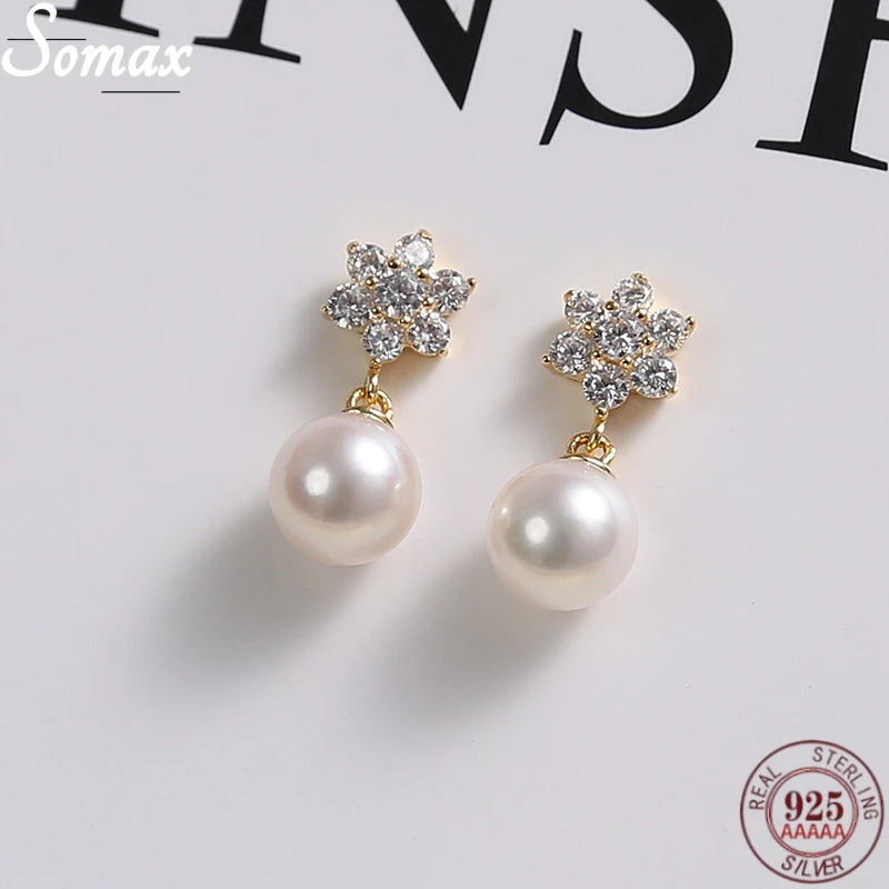 

925 Sterling Silver Snowflake Pavé Crystal Stud Earrings Women Simple Pearl Tassel Fashion Exquisite Party Jewelry Accessories