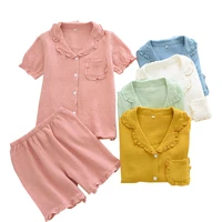 2021 summer new girls cute solid color turn down collar soft pajamas set 2pcs gauze cotton sweet colorful women sleepwear set