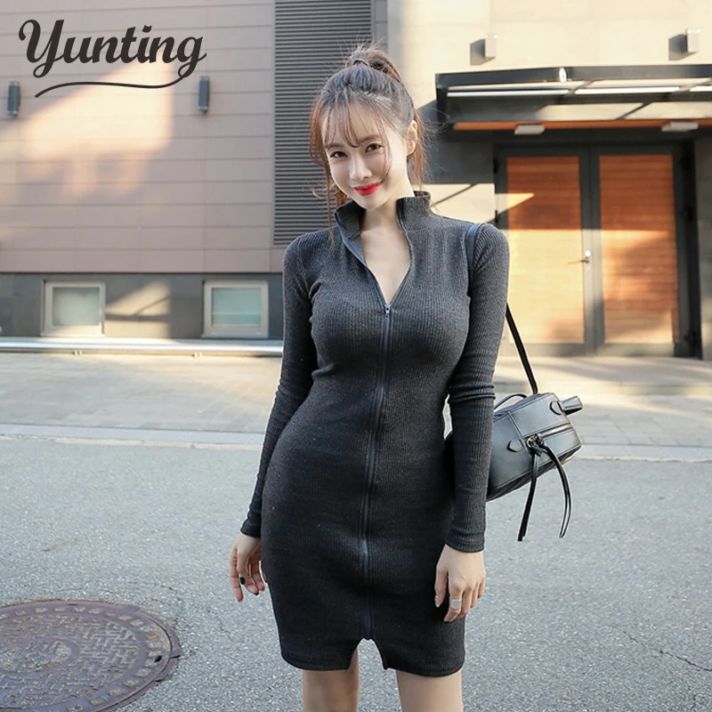 

Stand Collar Zipper Front Bodycon Dresses Knitted Women Dresses 2020 Autumn Long Sleeve Mini Dress Black