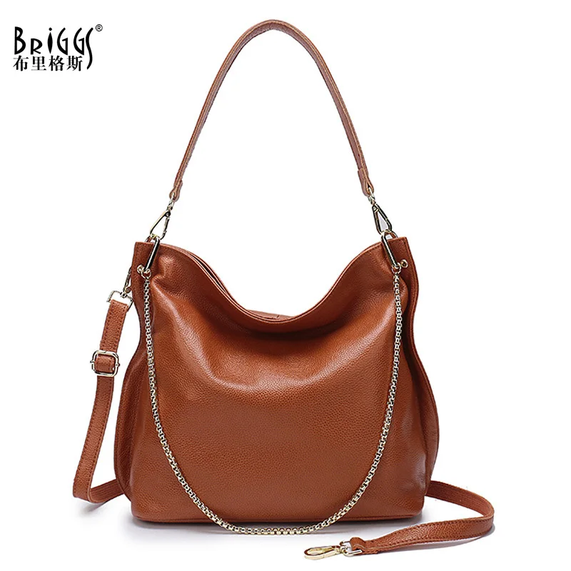 BRIGGS Soft Genuine Leather Female Handbag Bussiness Chains Ladies Bucket Totes Large Capacity Women's Shoulder Crossbody Bags