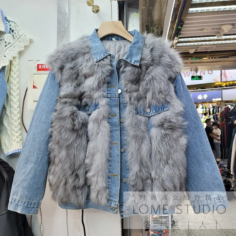 

2021 New Fashion Winter Denim Jacket Coat Patchwork Real Fur Quilted Coat Turn Down Collar Single-breasted Thick Warm Parkas