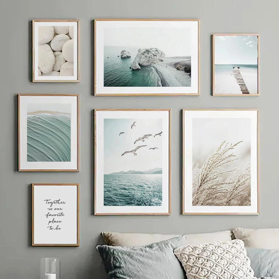 

Nordic Blue Ocean Rock Seagull Poster Seascape Wall Art Canvas Painting Print Wall Picture for Living Room Home Decoration