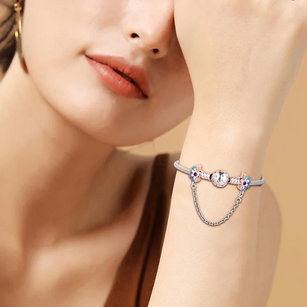 

Blue & Pink Fan Safety Chain Clip Charm 925 Sterling Silver Charms for Jewelry Making Fashion DIY Beads For Bracelets Women