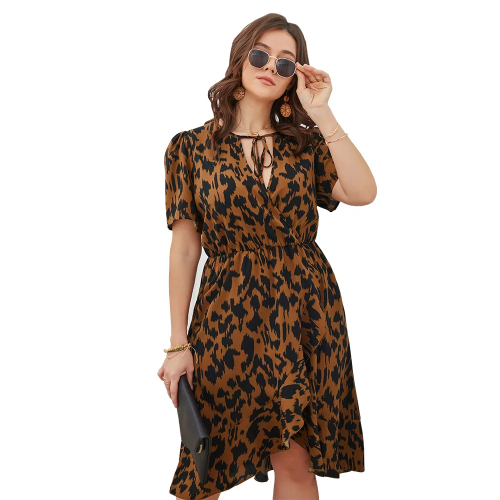 

2021 Summer Plus Size Leopard Print Women's Sexy Short-Sleeved Dress Irregular Skirt
