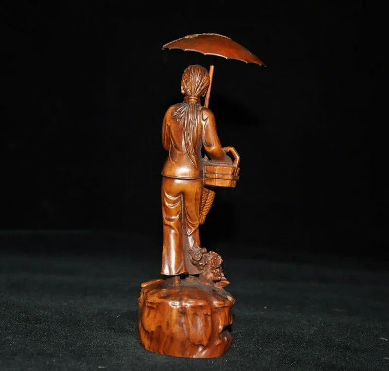 

wedding decoration 8" China Boxwood carving beauty Women Hold umbrella Take the basket fish statue