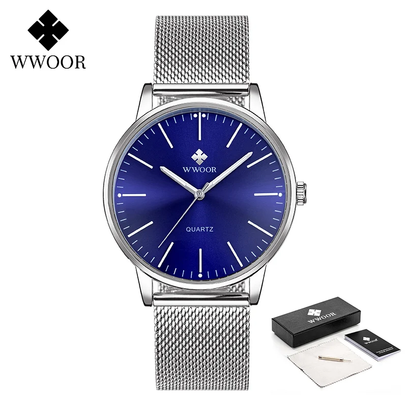 WWOOR 2021 Fashion Blue Watch For Men Top Brand Luxury Quartz Wrist Watch Man Casual Slim Mesh Steel Waterproof Sport Watch Men