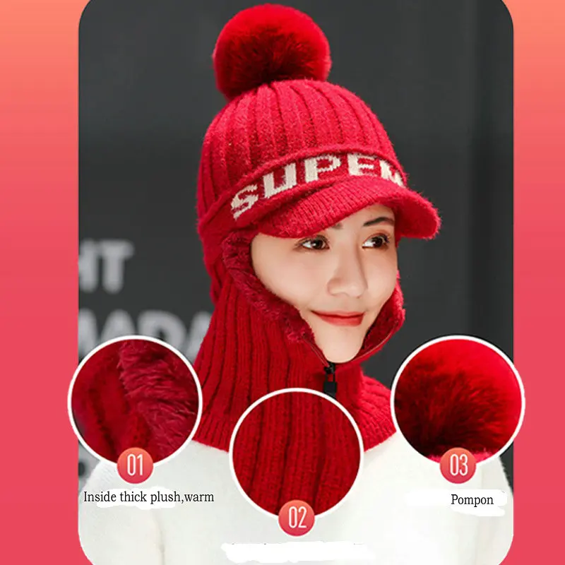 Шапки для женщин зимние толстые теплые меховые козырьки и шарфы комплект ветрозащитные велосипедные женские ушные колпачки горро бини.