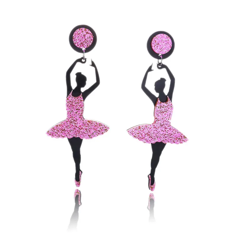 

New Fashion Shining Pink Glitter Ballet Girl Acrylic Drop Earrings Exaggerated Ballerina Long Earrings for Woman Elegant Jewelry