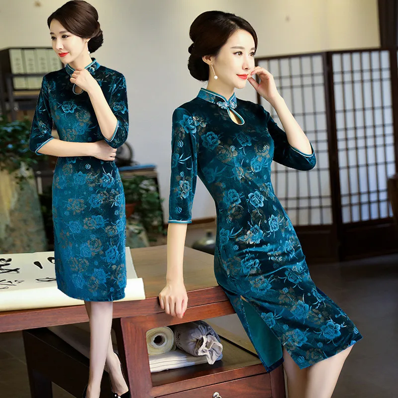 Cheongsam 2017 велюровое платье Ципао с принтом винтажное модное улучшенное осеннее