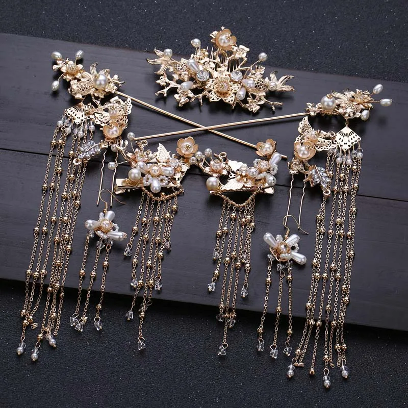 

Traditional Chinese Headdress Hair Stick Women Hairpin Wedding Hair Accessories Gold Pin Clip Comb Head Jewelry Bridal Headpiece