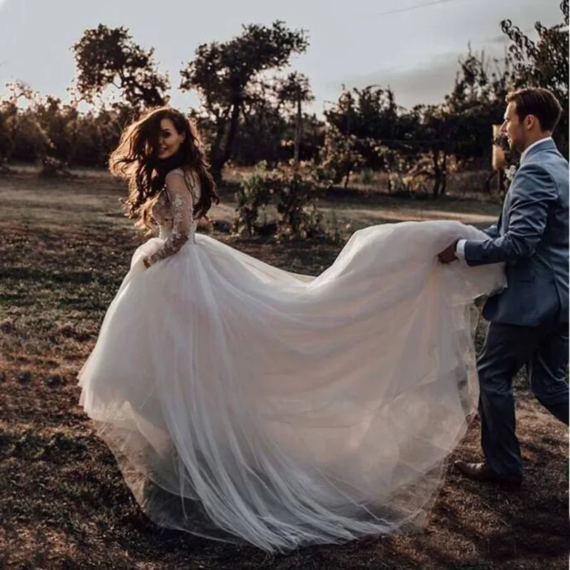 Принцесса с длинным рукавом страна Пляж Свадебные платья 2020 линия Винтаж Кружева