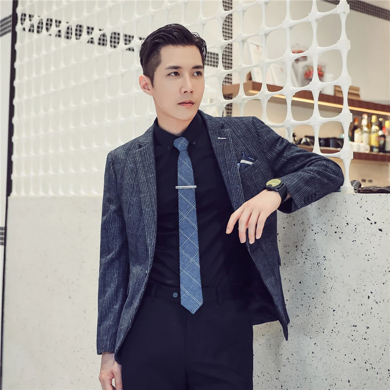 Мужской шерстяной костюм в клетку британском стиле приталенный Корейском