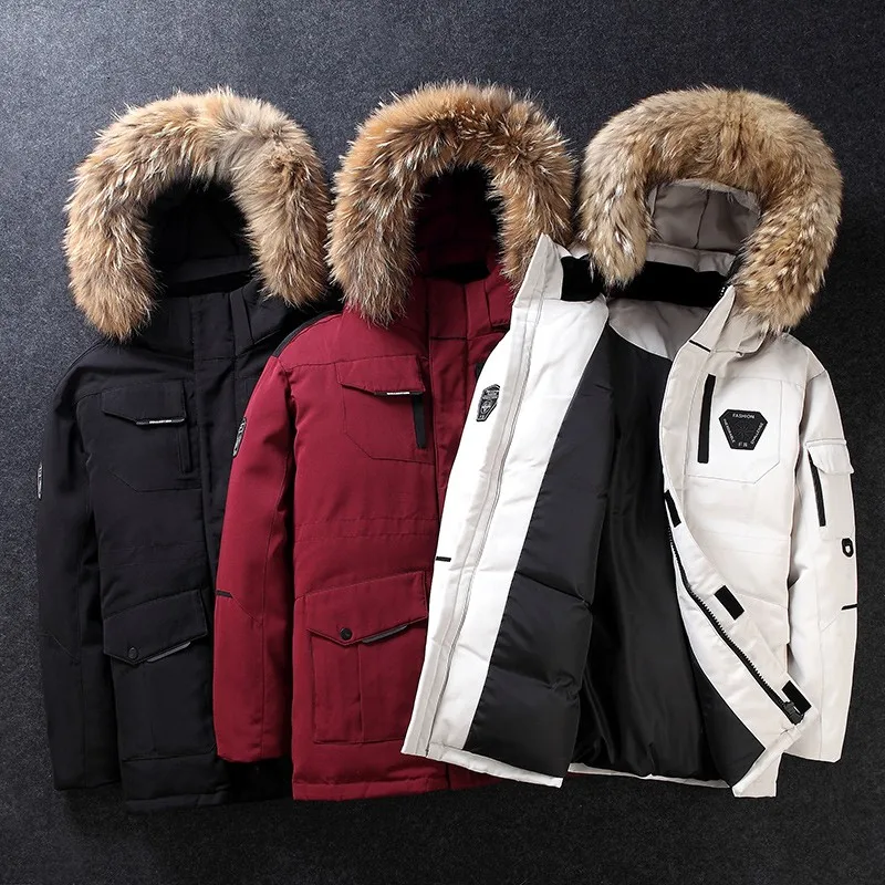 Men's Mid-length Down Jacket Coats Winter Fashion Warm Hooded Thick Parka Men Removable Cap  90% White Duck Down Overcoat