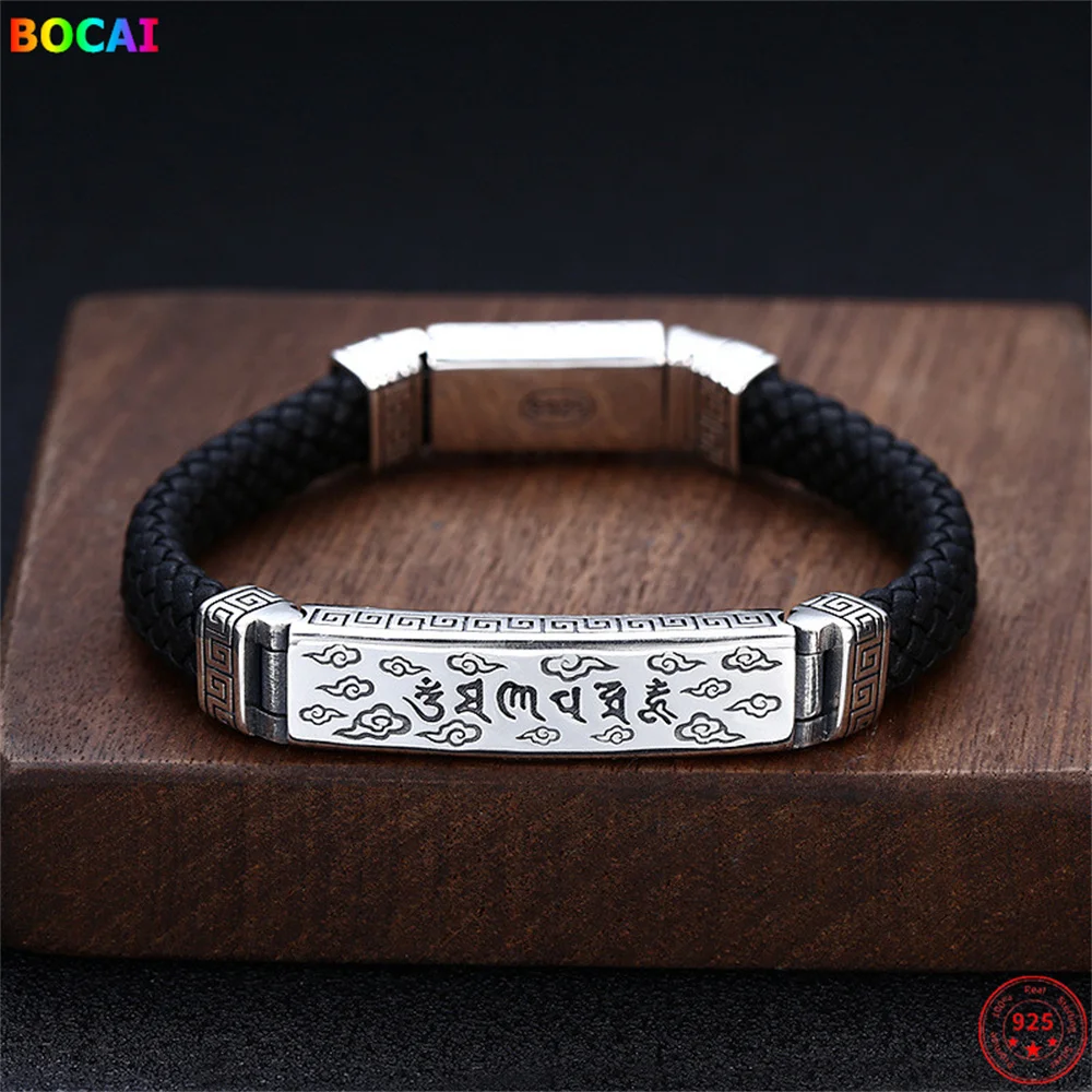 

BOCAI 100% S925 Sterling Silver Bracelets for Women Men Six Syllable Mantra Cloud Totem Leather Chain Pure Argentum Charm Bangle