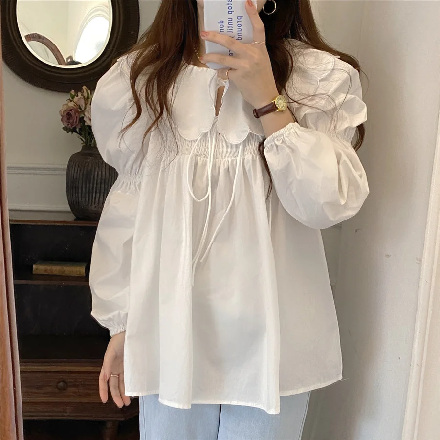 

White Sweet Ruffles Women Blouses Stylish New All Match 2021 Loose Autumn Solid OL Hot Office Lady Minimalist Tops