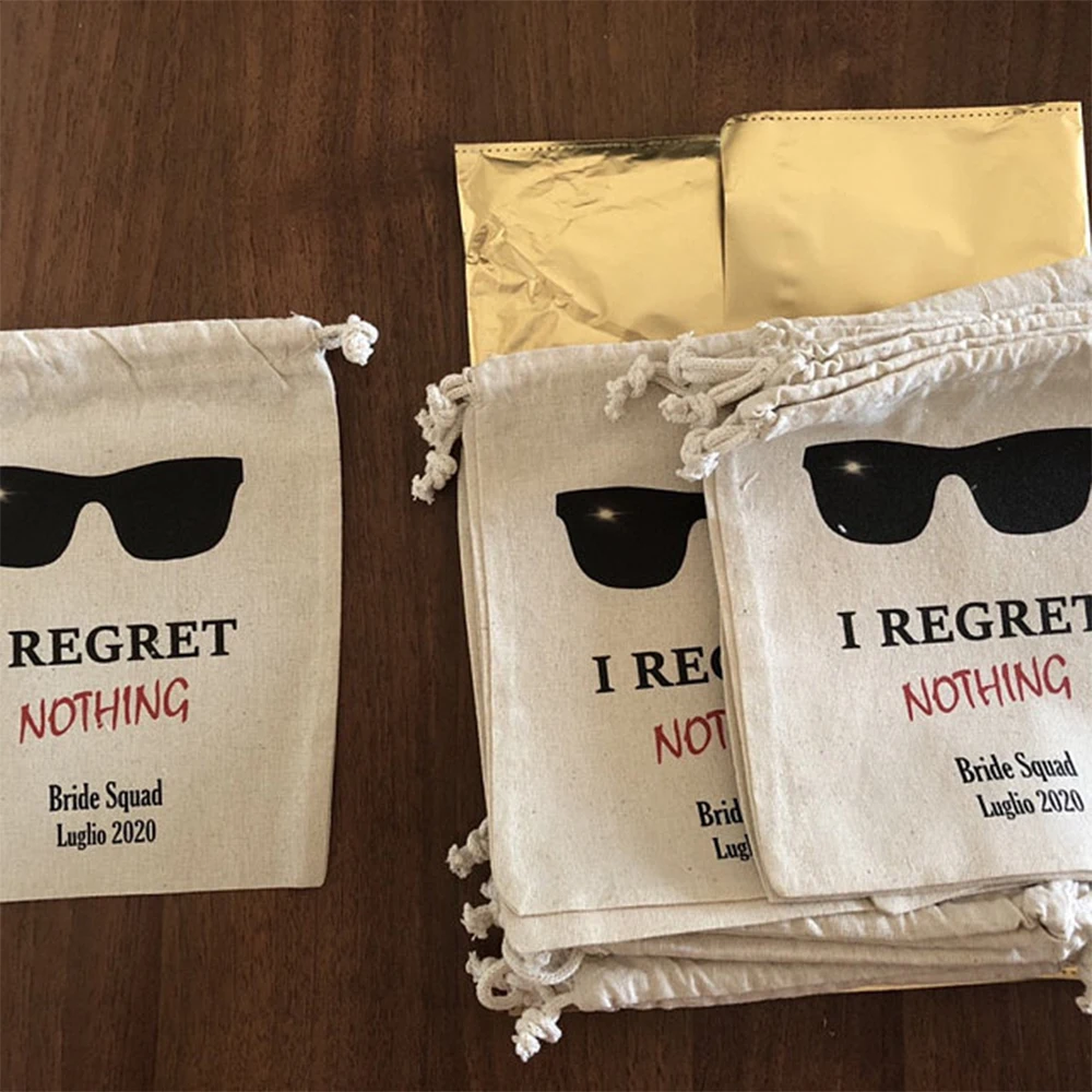 

50 Pcs/Personalized Bachelorette Party Hangovers Kit Drawstring Mini Favor Bags Wedding Part Favor Sunglass I Regret Nothing