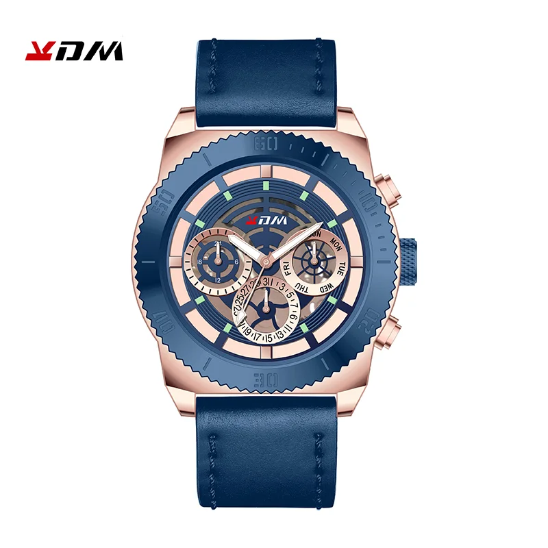 KDM Мужские кварцевые часы класса люкс с 3 циферблатом ремешок из натуральной кожи