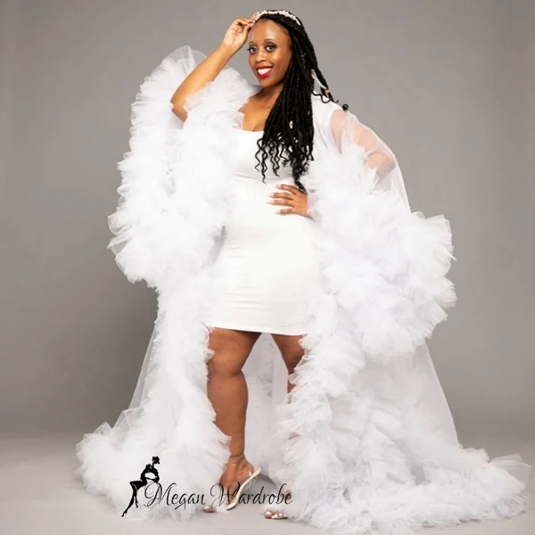 

Bridal White Tulle Maternity Robes Women Customized Plus Size Sexy Sheer Tulle Dressing Gowns For Photography Party Tulle