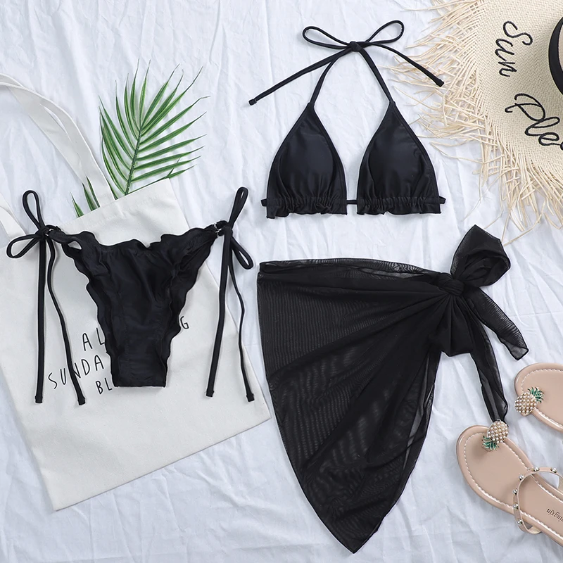 

2021 New Halter Ruffle Frilled Bikini Women swimsuit female swimwear Three pieces bikini set Mesh Sarong Skirt bathing suit Swim