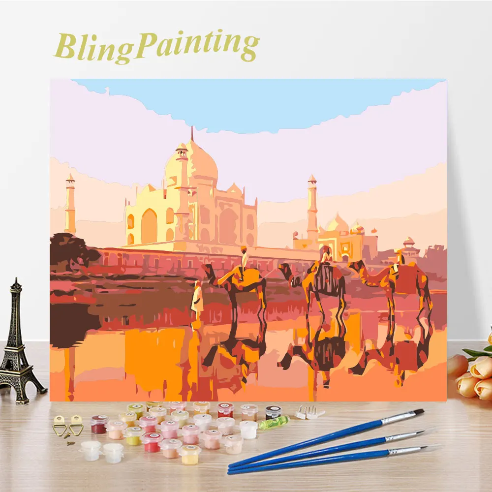 

Oil Acrylic Painting By Numbers Mosque In Desert Camels On Canvas DIY Frame Handpainted Painting Number Wall Art Home Decoration