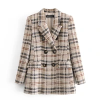 autumn women fashion double breasted tweed check blazers coat vintage casual long sleeve pockets female plaid outerwear tops
