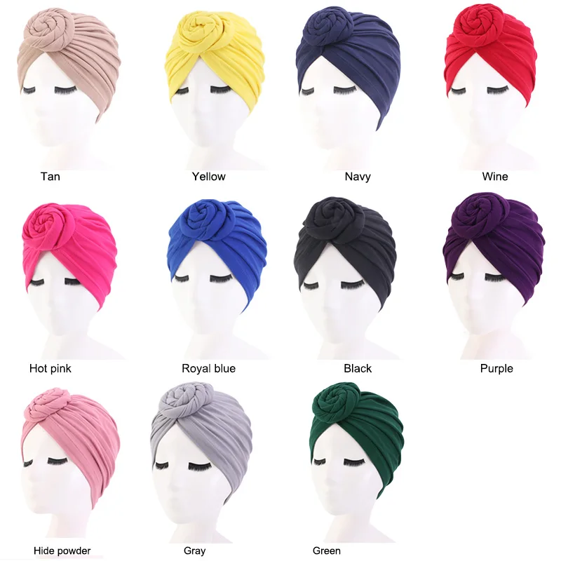 

New Fashion Women Knotted Flower Turban Beanies Twist India Hat Ladies Chemo Cap Muslim Headwrap Bonnet Hair Accessories